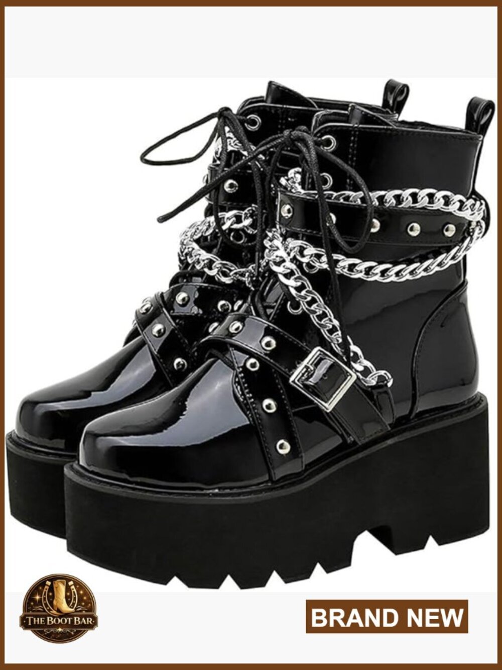 Platform Chunky Heel Lace Up Combat Boots Patent Leather Ankle Booties